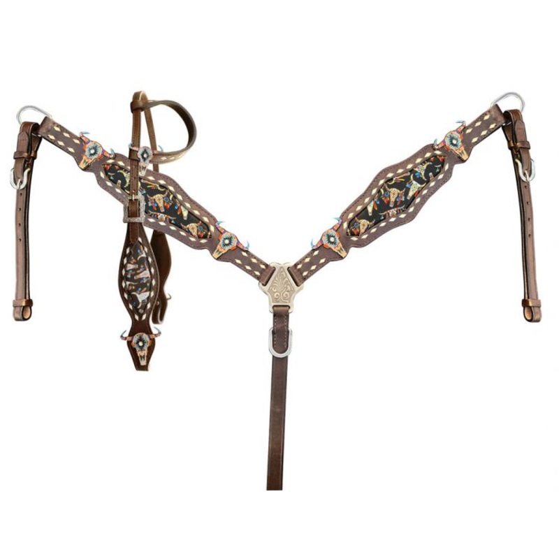 Showman  Dark Oil Southwest inlay design cow skull leather One Ear Headstall and Breast collar
