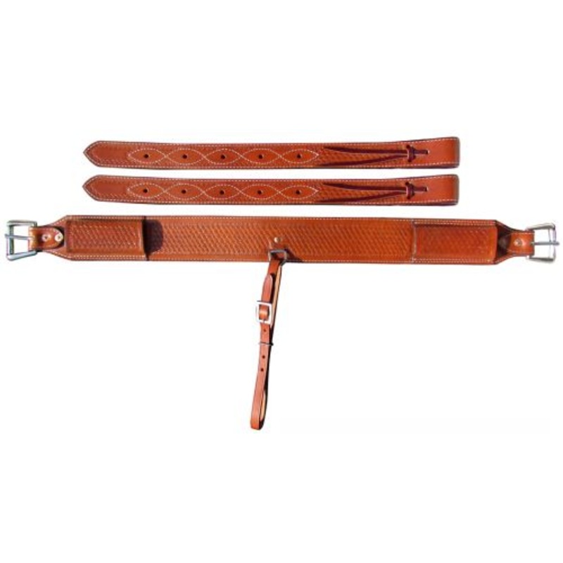 #14463: Showman 3″ wide Basketweave Tooled Leather back cinch with roller buckles